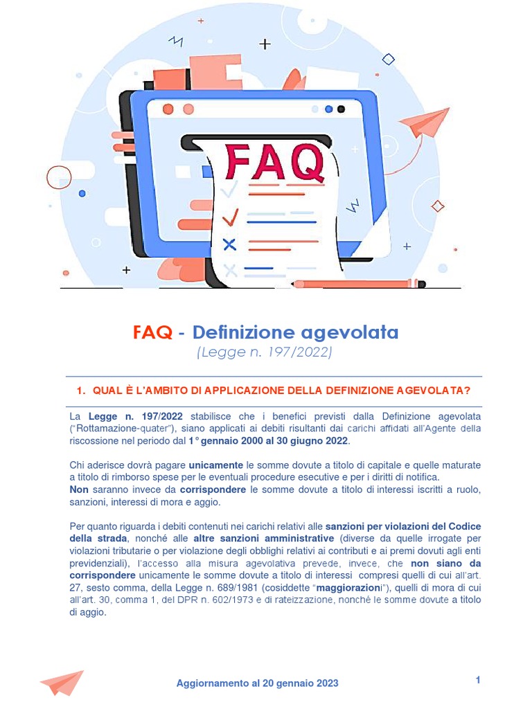 Definizione Agevolata Pendenze Agenzia Entrate FAQ PDF