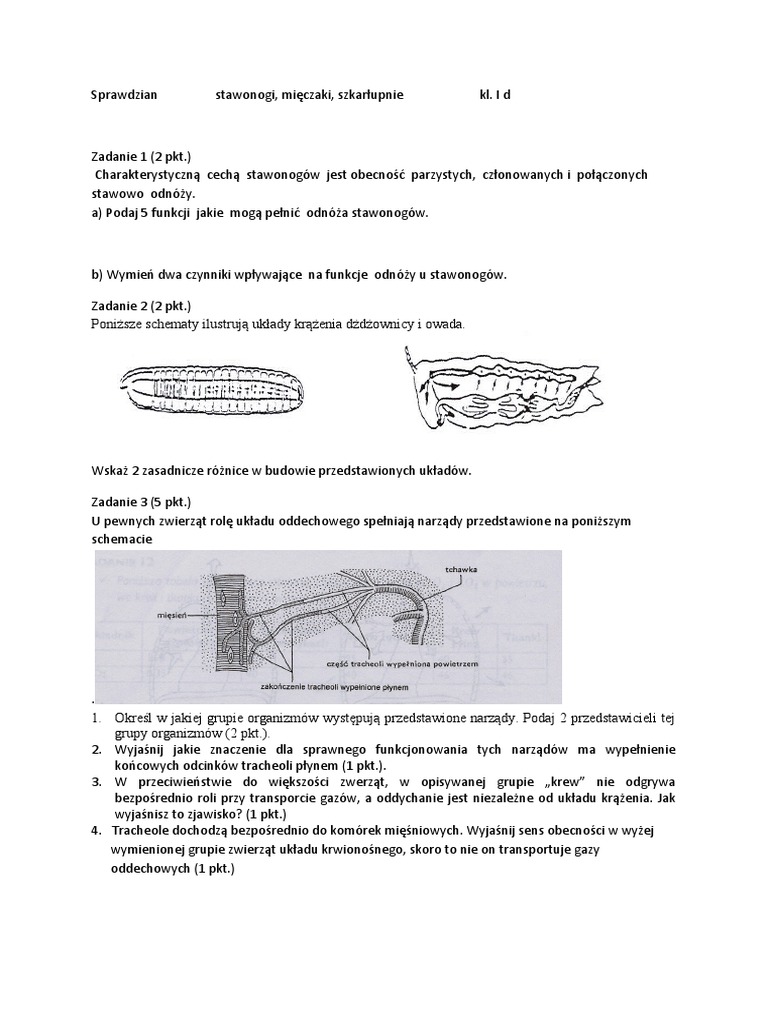 Stawonogi I Mięczaki Test Stawonogi, Mięczaki Sprawdzian I D | PDF
