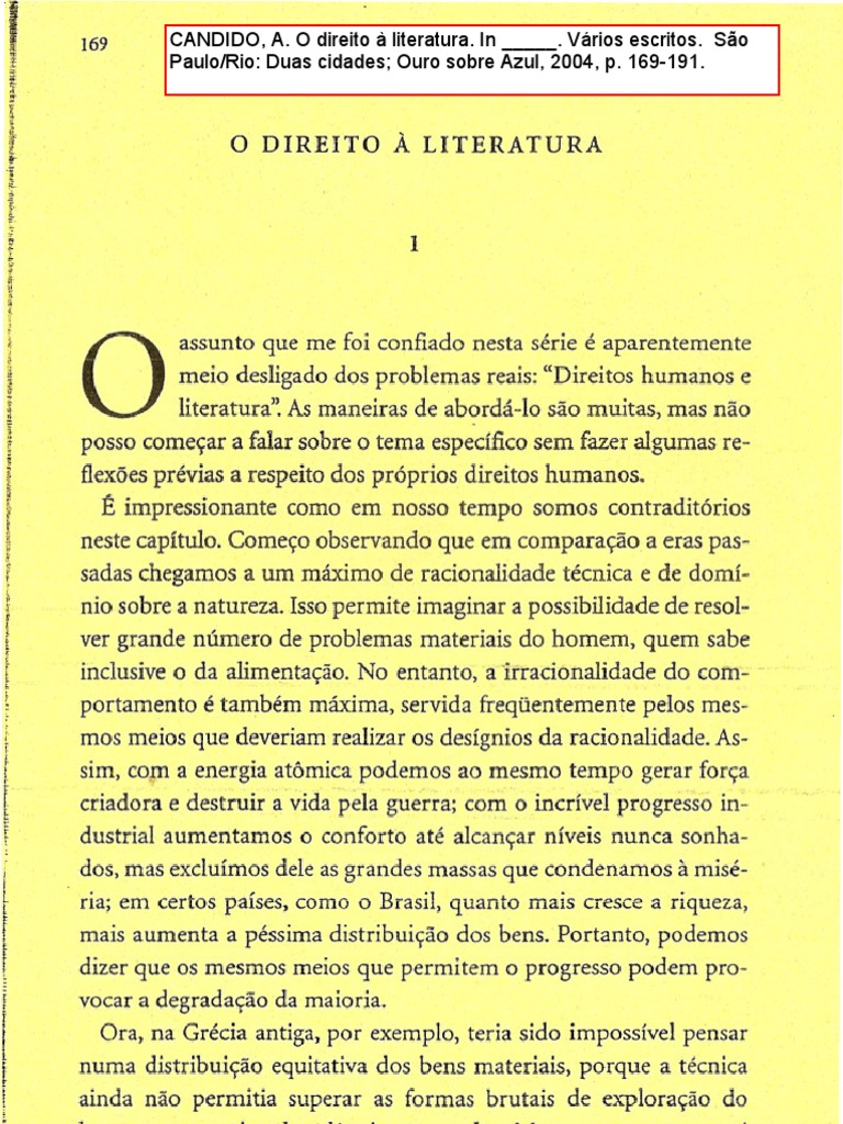 O Direito à Literatura de Antonio Candido | PDF | Sociologia | Romantismo