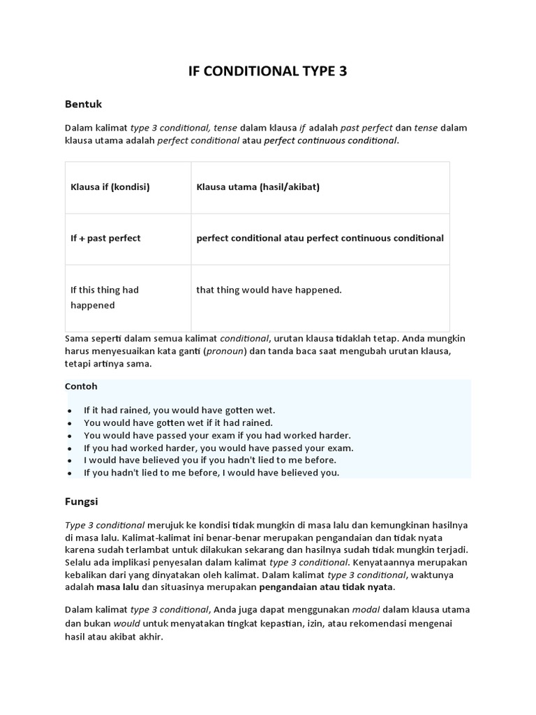Pengertian dan Contoh Type 3 Conditional | PDF | Seni & Disiplin Bahasa ...