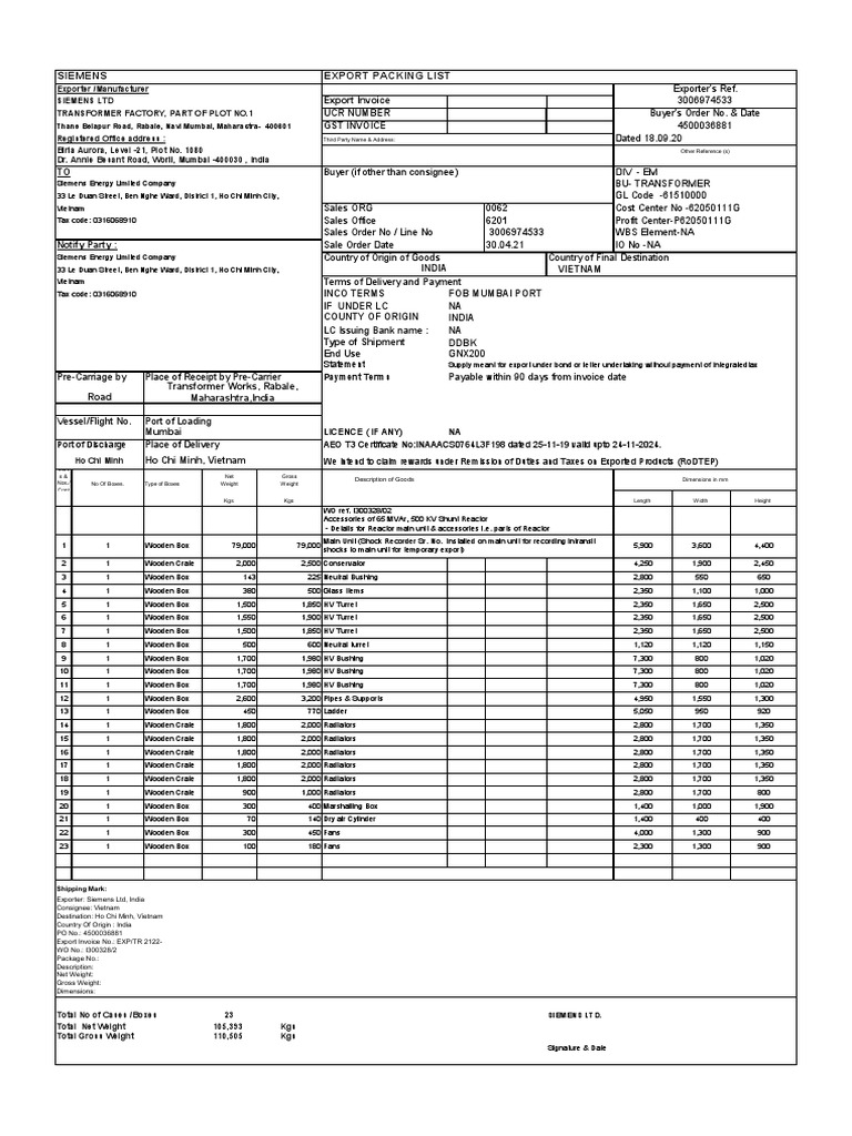 Siemens Export Packing List Details | PDF | Economies | Trade