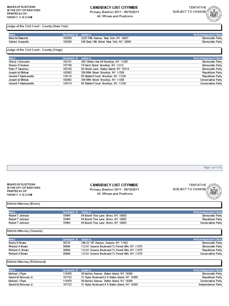 2011 NYC BOE Primary Ledger | PDF