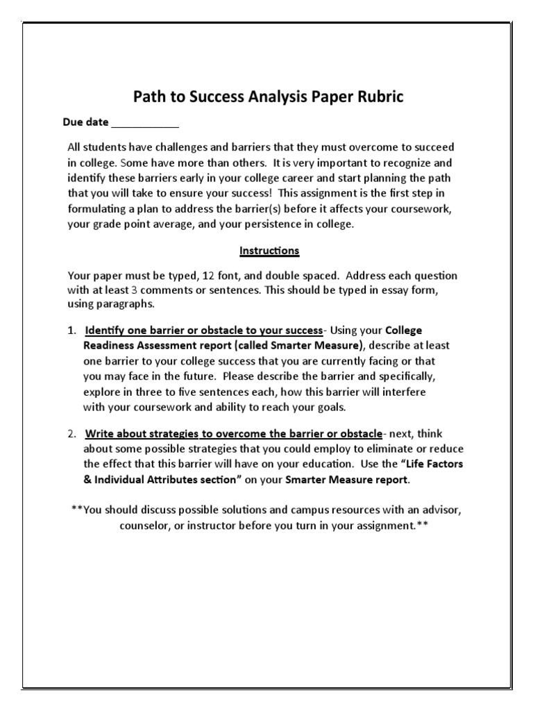 Path To Success Analysis Paper Rubric | PDF | Rubric (Academic ...