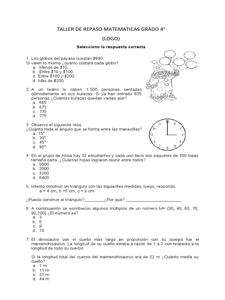 Taller de Matemáticas Grado 4 | PDF | Métodos y materiales de enseñanza