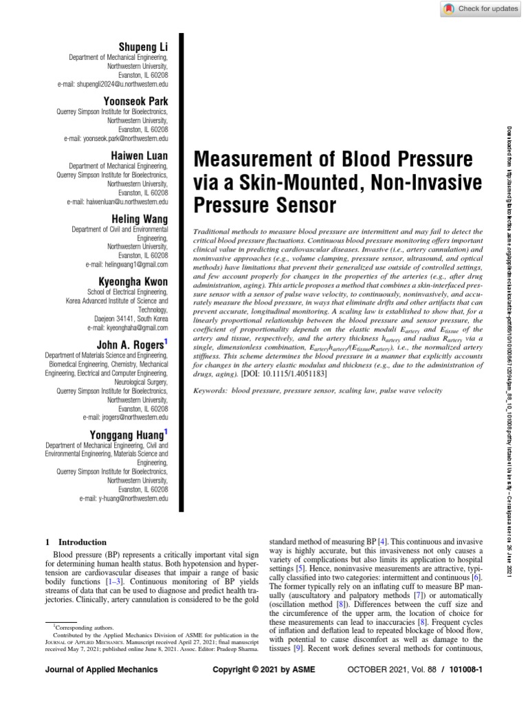 Measurement of Blood Pressure Via A SkinMounted, NonInvasive Pressure