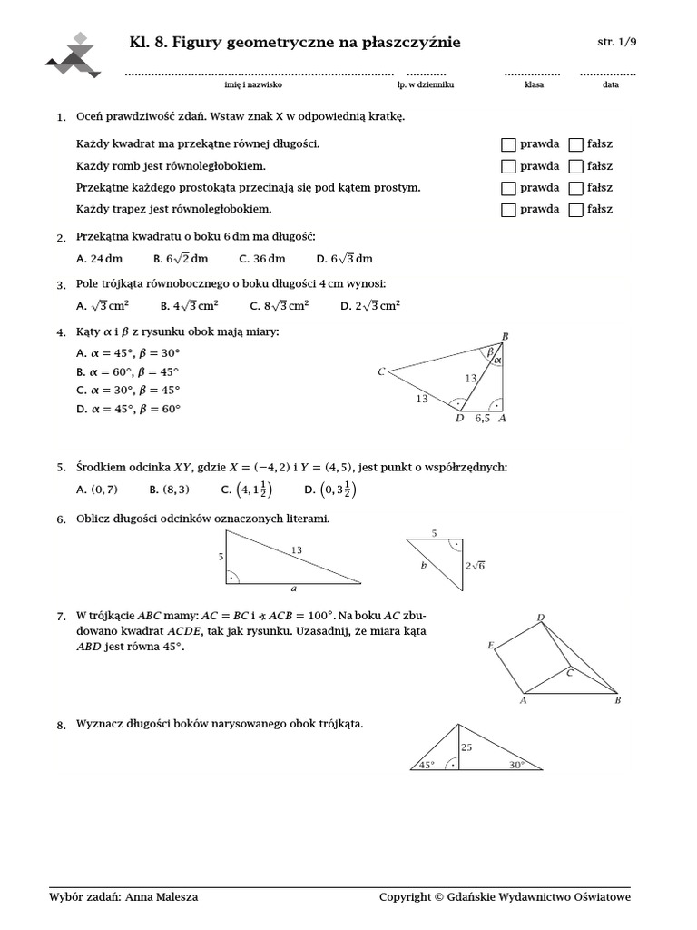 Matematyka Figury Na Płaszczyźnie Sprawdzian Klasa 8 Figury Na Plasczyznie Matematyka | PDF