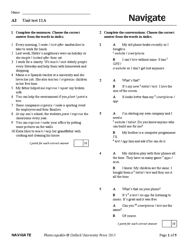 Unit Test 11a Pdf Verb Adjective