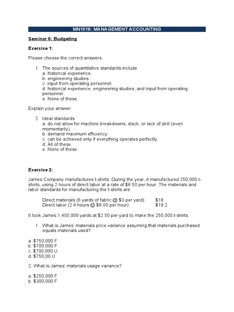 Exercises Lecture7 Budgeting 2016 | PDF | Management Accounting | Variance