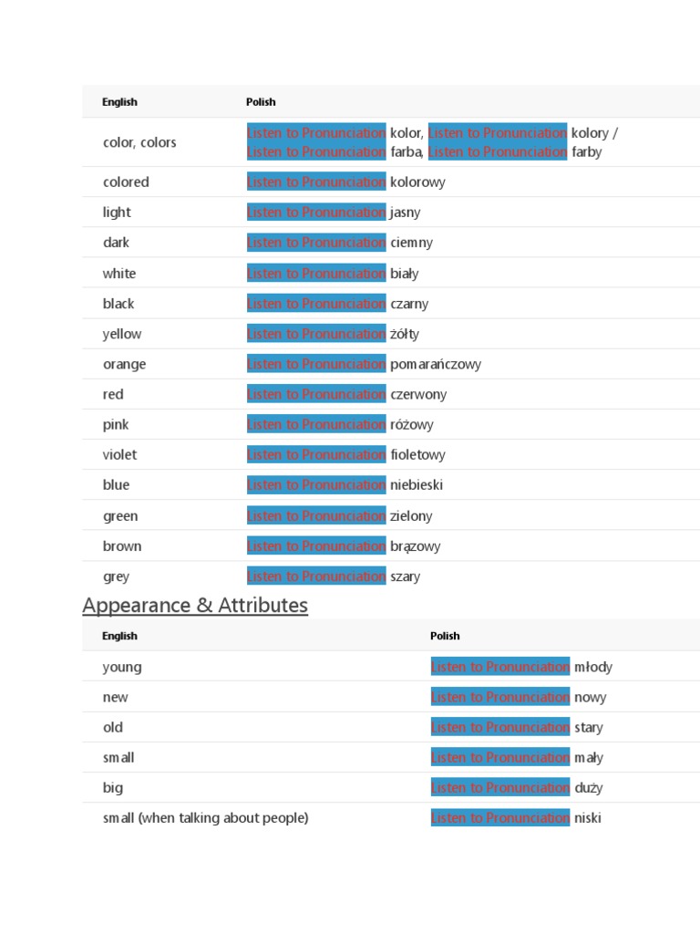 Polish Color and Attribute Pronunciation | PDF | Foreign Language ...