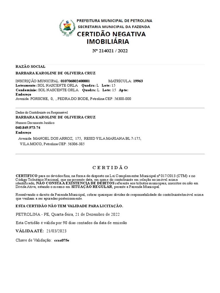 Certidão de Regularidade Municipal | PDF