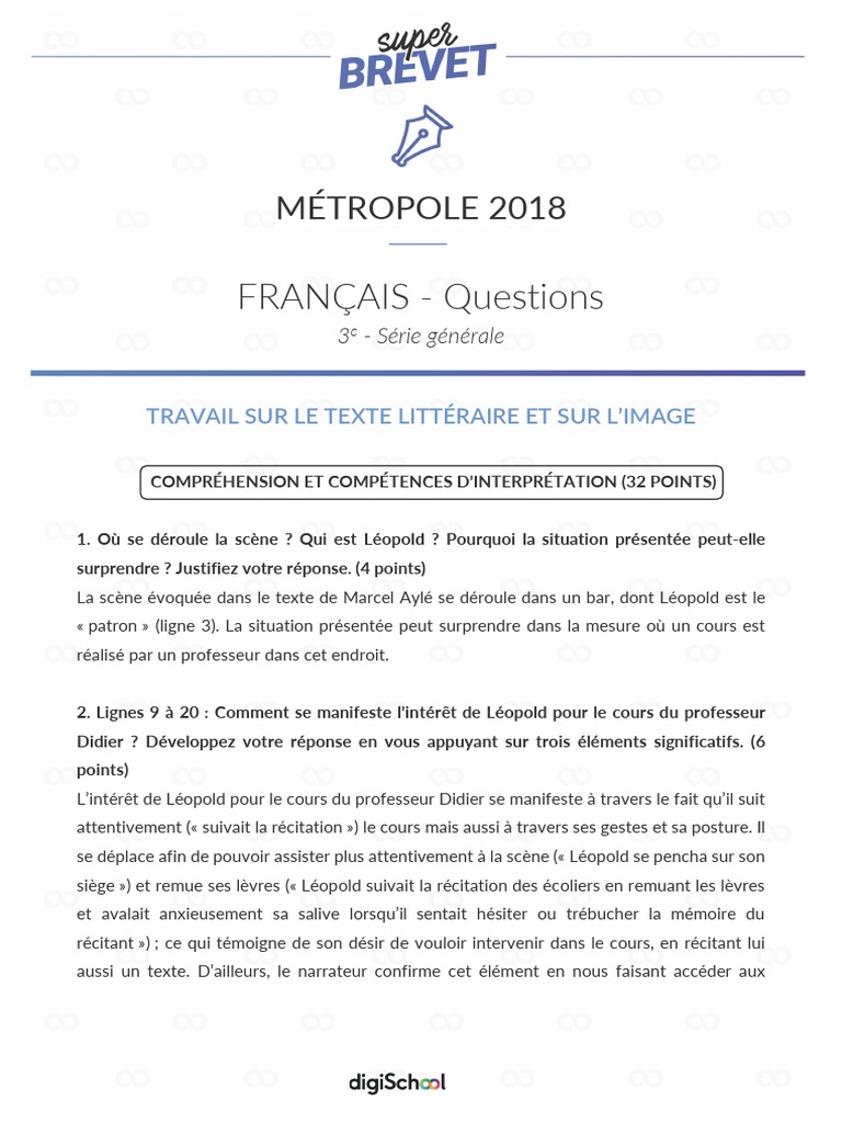 Correction Francais Grammaire Brevet 2018 PDF Clause Phrase