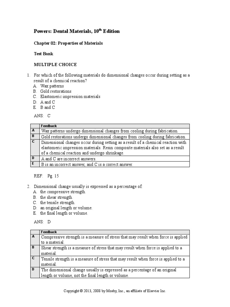 Dental Material MCQ Test Bank Chapter 002 PDF Deformation