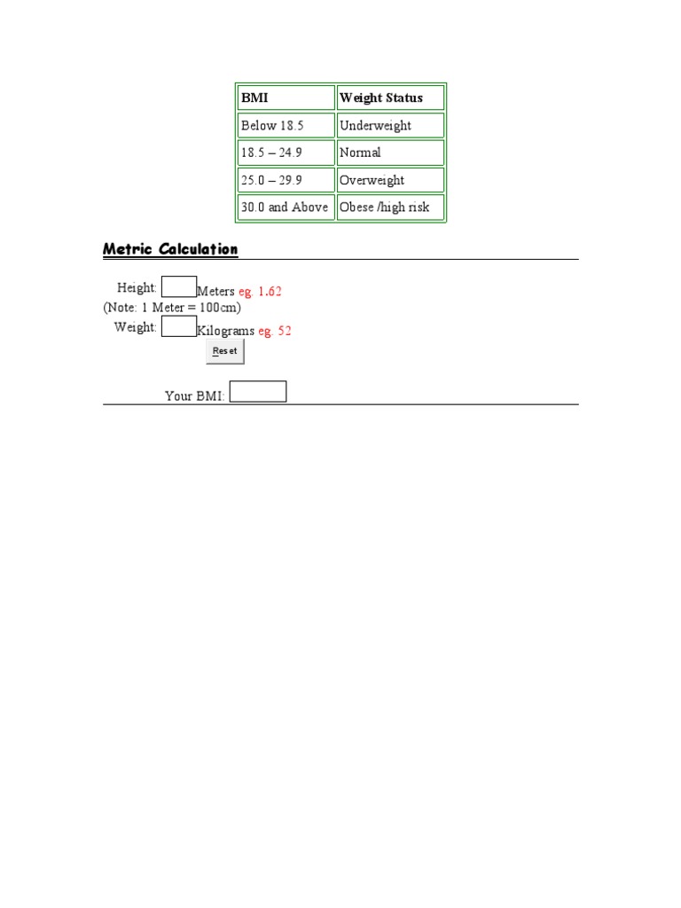 BMI Weight Status Calculator | PDF
