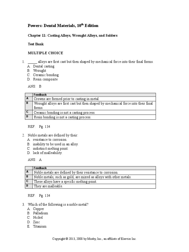 Dental Material MCQ Test Bank Chapter 011 PDF Metals Alloy