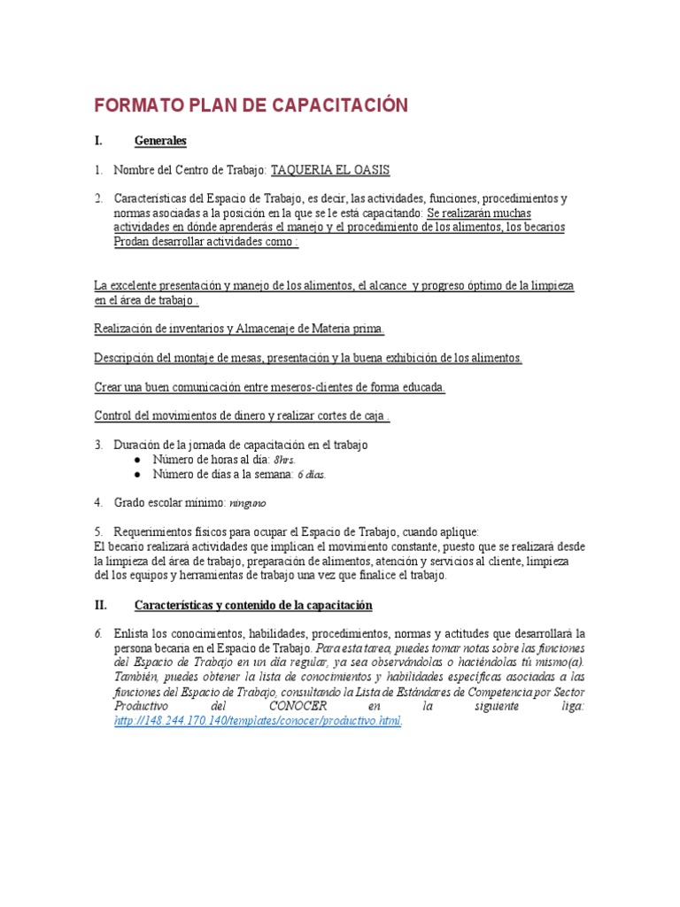 Plan de Capacitación en Taquería El Oasis | PDF | Crecimiento personal ...