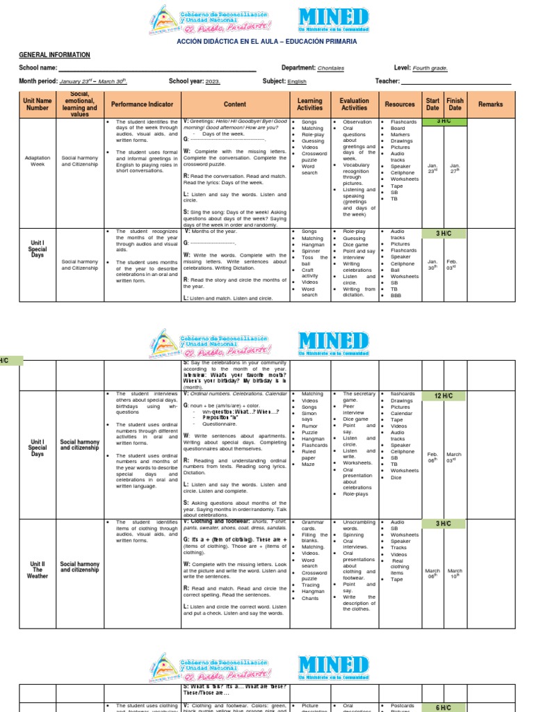 English Lesson Plan for 4th Grade | PDF | Crossword | Vocabulary