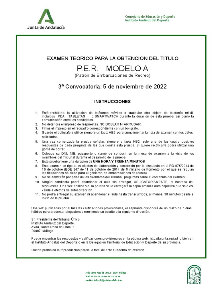 Examen Para Patrón De Embarcaciones De Recreo Junta De Andalucía 3a