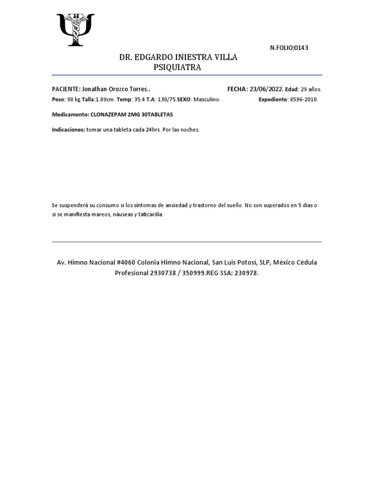 Receta médica de clonazepam 2 mg | PDF