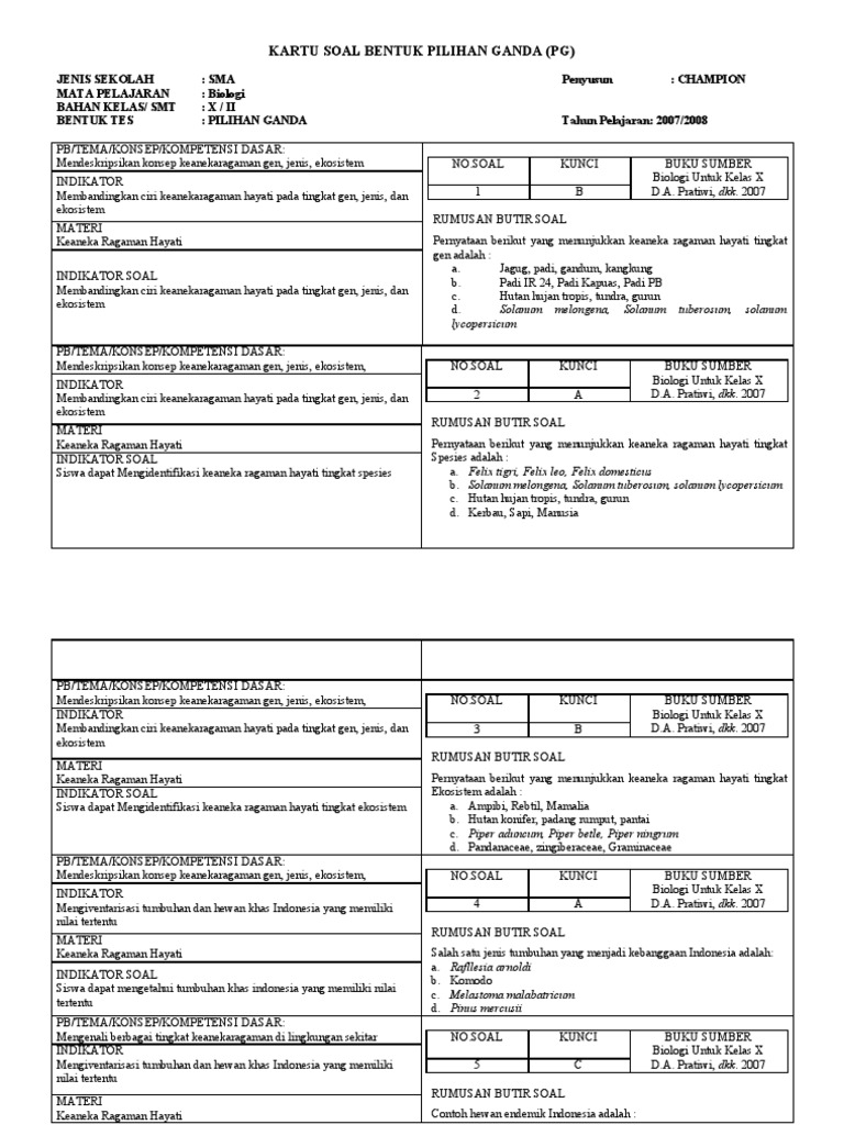 Kartu Soal Bentuk Pilihan Ganda Zamfi