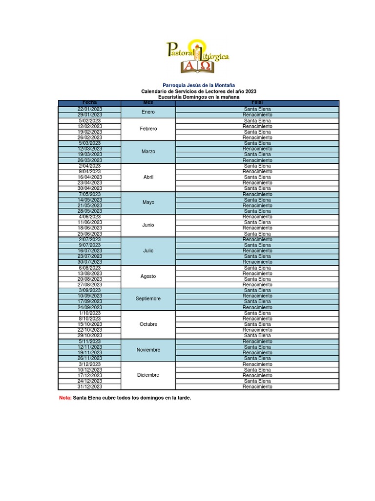 Calendario de Servicios 2023 | PDF | Adoración Cristiana Y Liturgia ...