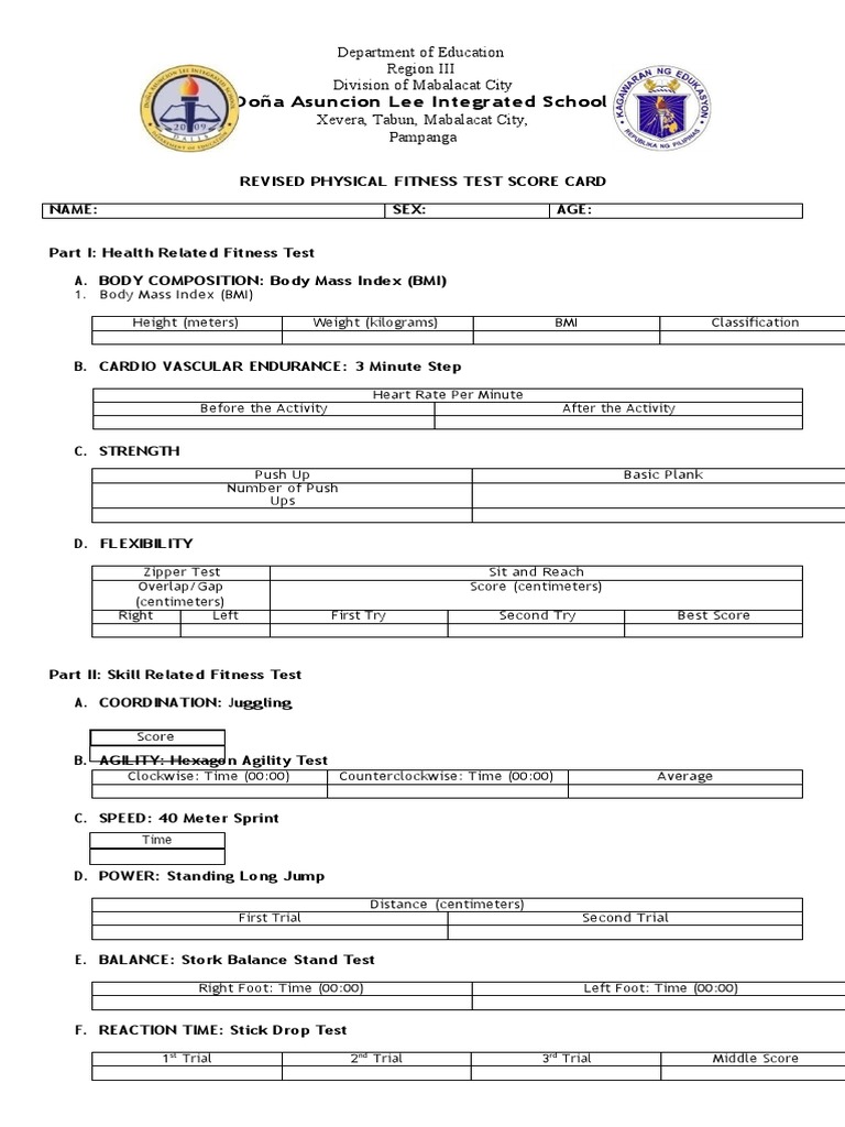 Revised Physical Fitness Test Score Card PDF Physical Fitness