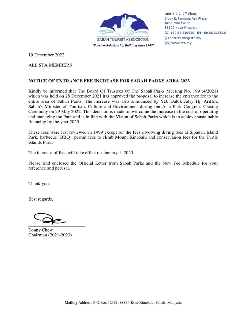Sabah Parks Entrance Fee Update 2023 | PDF