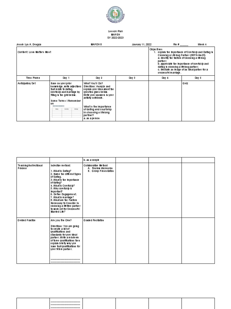 MAPEH 8 Lesson Plan: Courtship & Dating | PDF | Lesson Plan | Adolescence