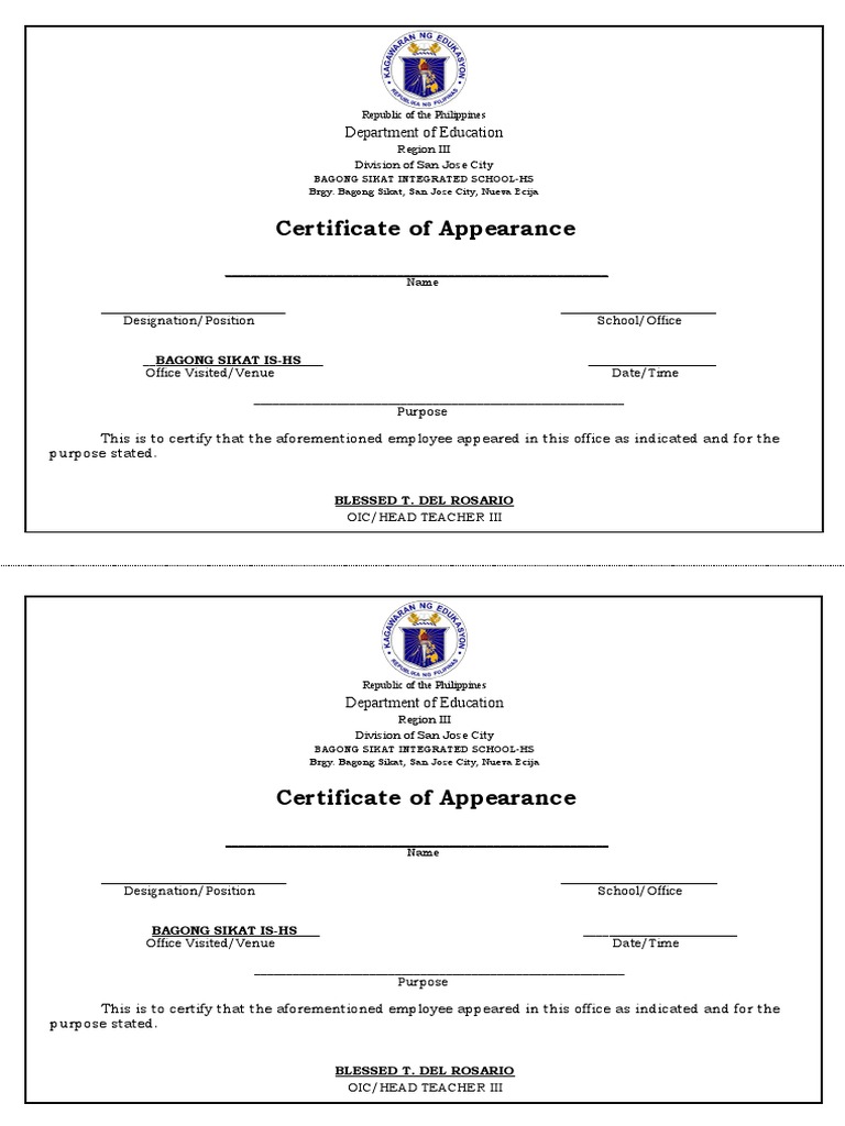 Certificate of Appearance Template PDF