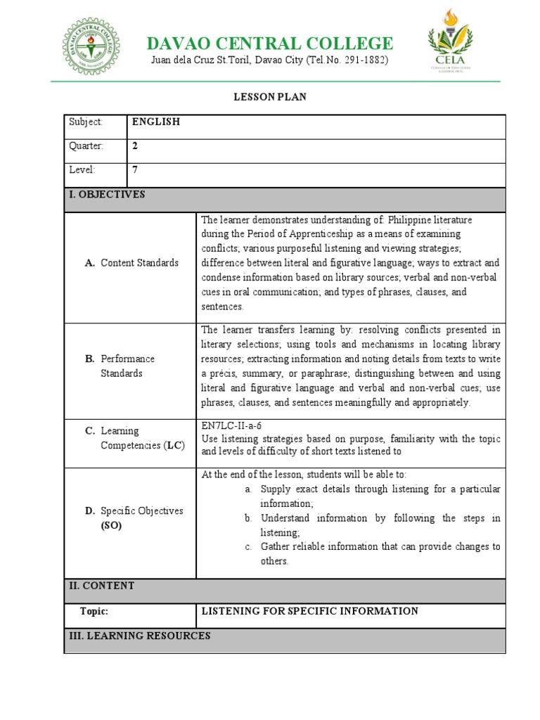 Grade 7 Lp Pdf Learning Classroom