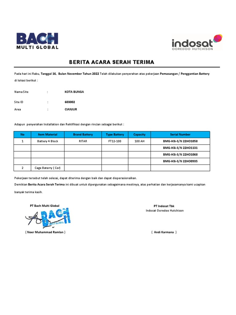 BAST - DN - ATP BAttery Site 603002 KOTA BUNGA - CIANJUR | PDF