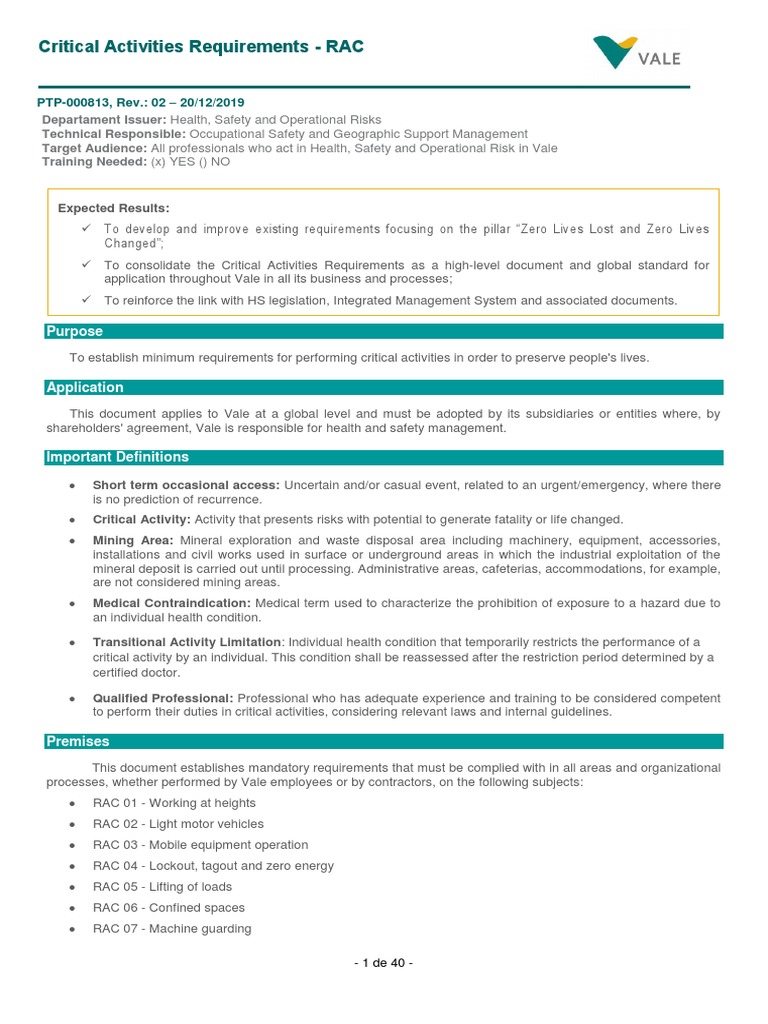 Critical Activities Requirements - RAC | PDF | Vehicles | Scaffolding