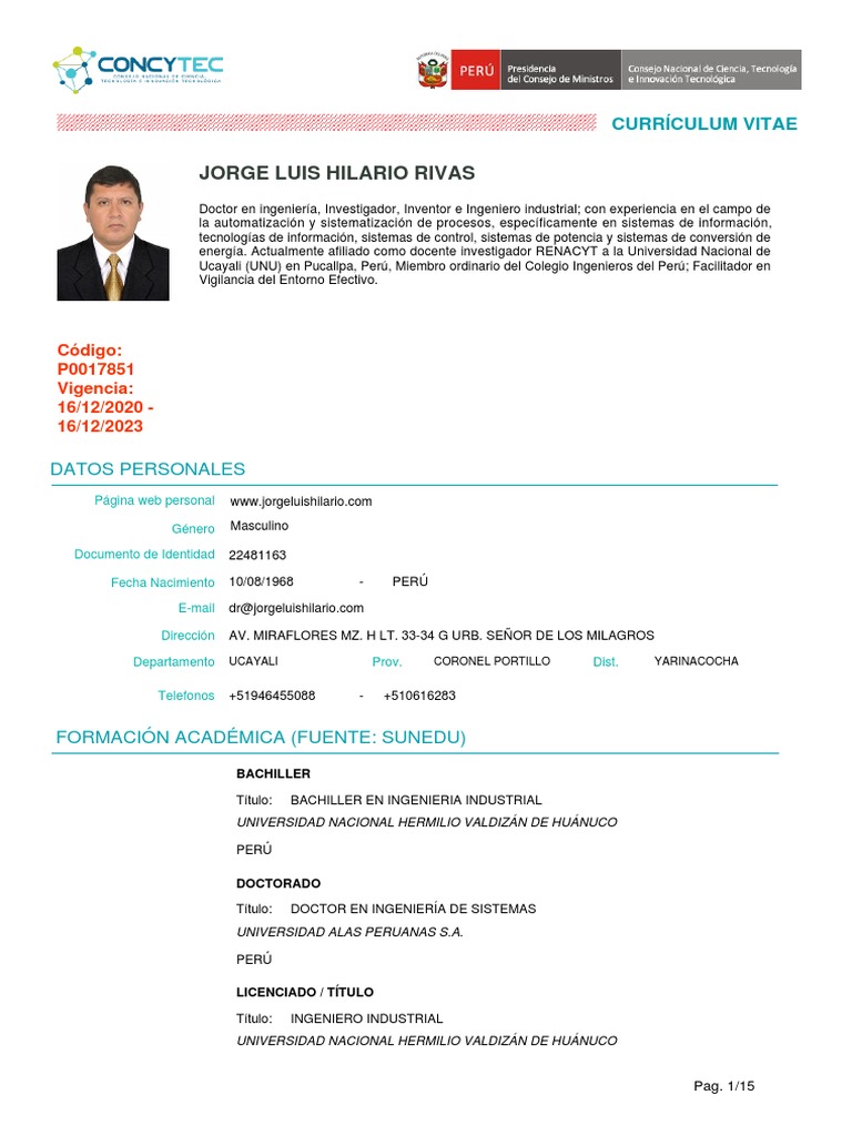 CV Jorge Luis Hilario Rivas 01-2023 | PDF | Perú | Universidad