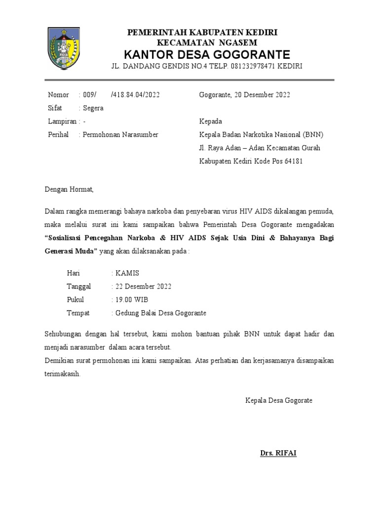Surat Permohonan Narasumber BNN | PDF