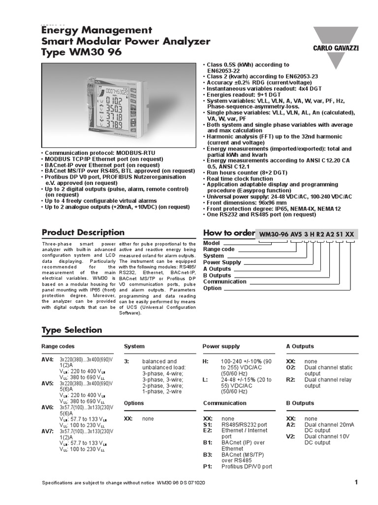 Carlo Gavazzi WM30-96 Power Analyzer | PDF | Internet Protocols ...