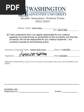 Health Insurance Waiver Form 2022-2023 Fillable