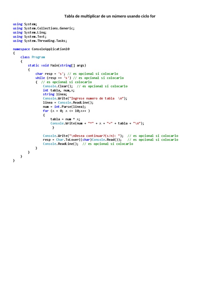 Tabla de multiplicar en C# con bucle for | PDF