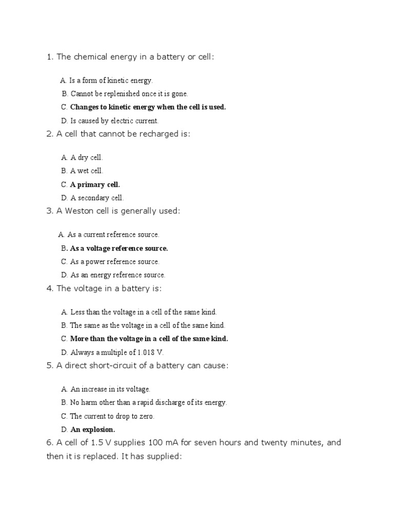 Types, Uses and Properties of Batteries and Cells A Multiple Choice