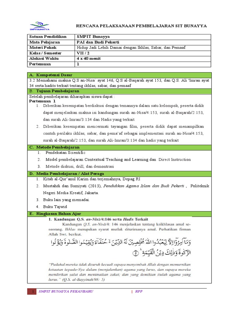 RPP PAI Kelas 7: Ikhlas, Sabar, Pemaaf | PDF | Karier & Perkembangan