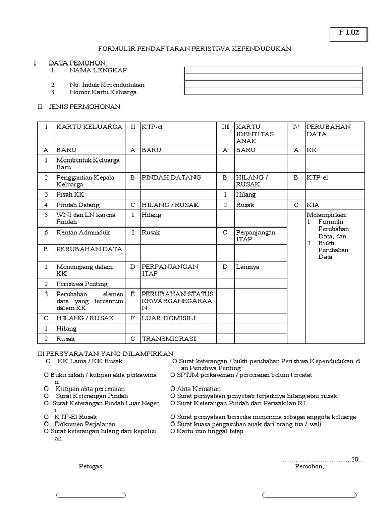 Formulir Pendaftaran F1.02 Kependudukan | PDF
