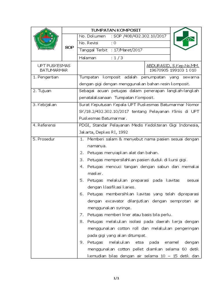 SOP Tumpatan Komposit Puskesmas Batumarmar | PDF | Sains & Matematika