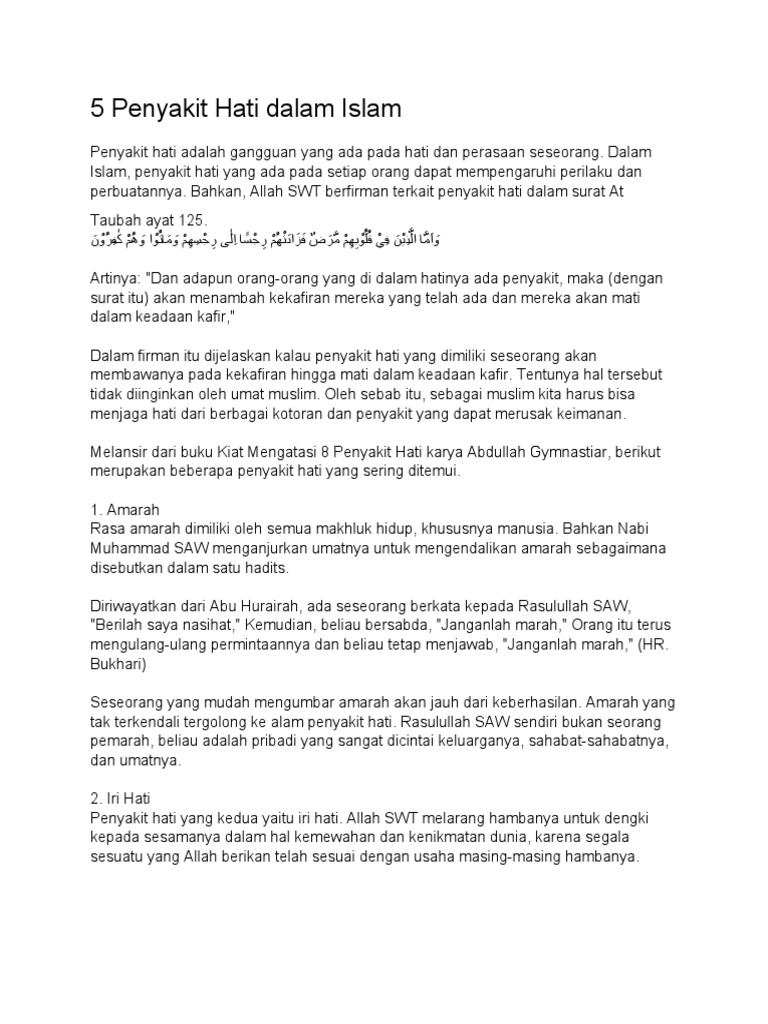 5 Penyakit Hati Dalam Islam | PDF