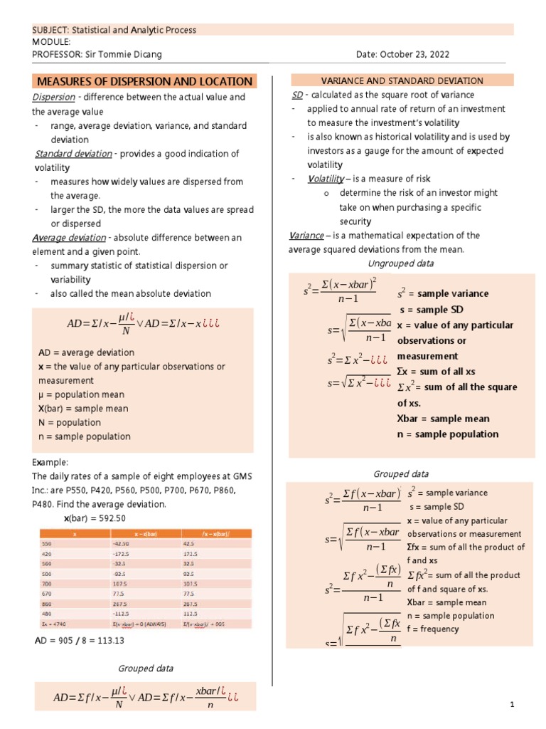 Statistics Midterms Notes | PDF | Standard Deviation | Coefficient Of ...