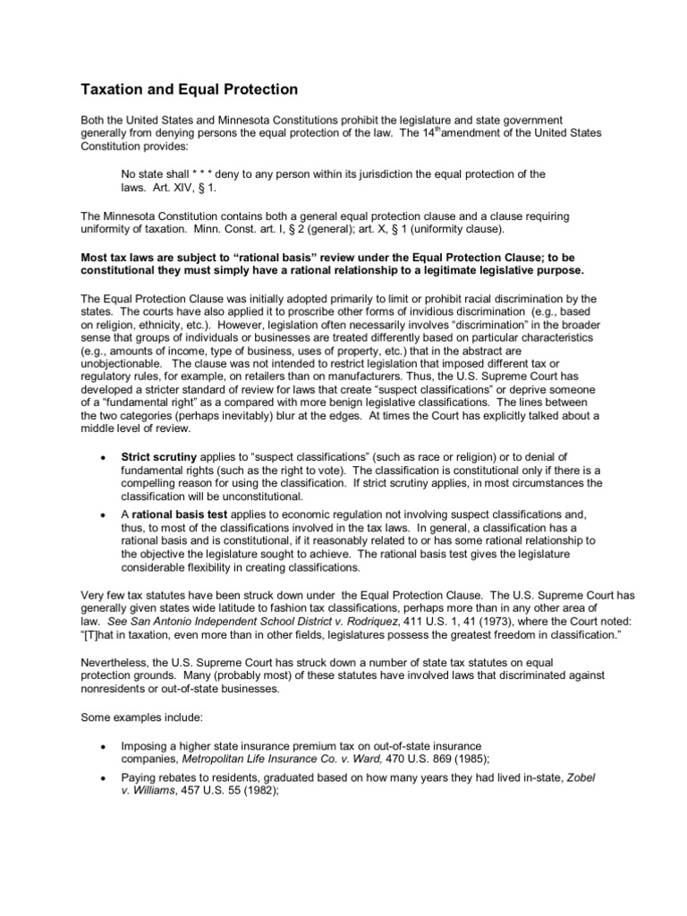 Taxation and Equal Protection Equal Protection Clause United States