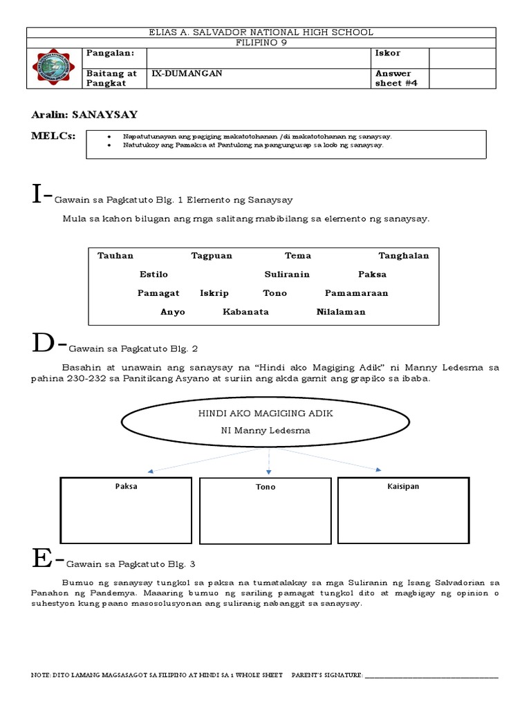 ANSWER SHEET 4 FIL 9 Q3 (AutoRecovered) | PDF