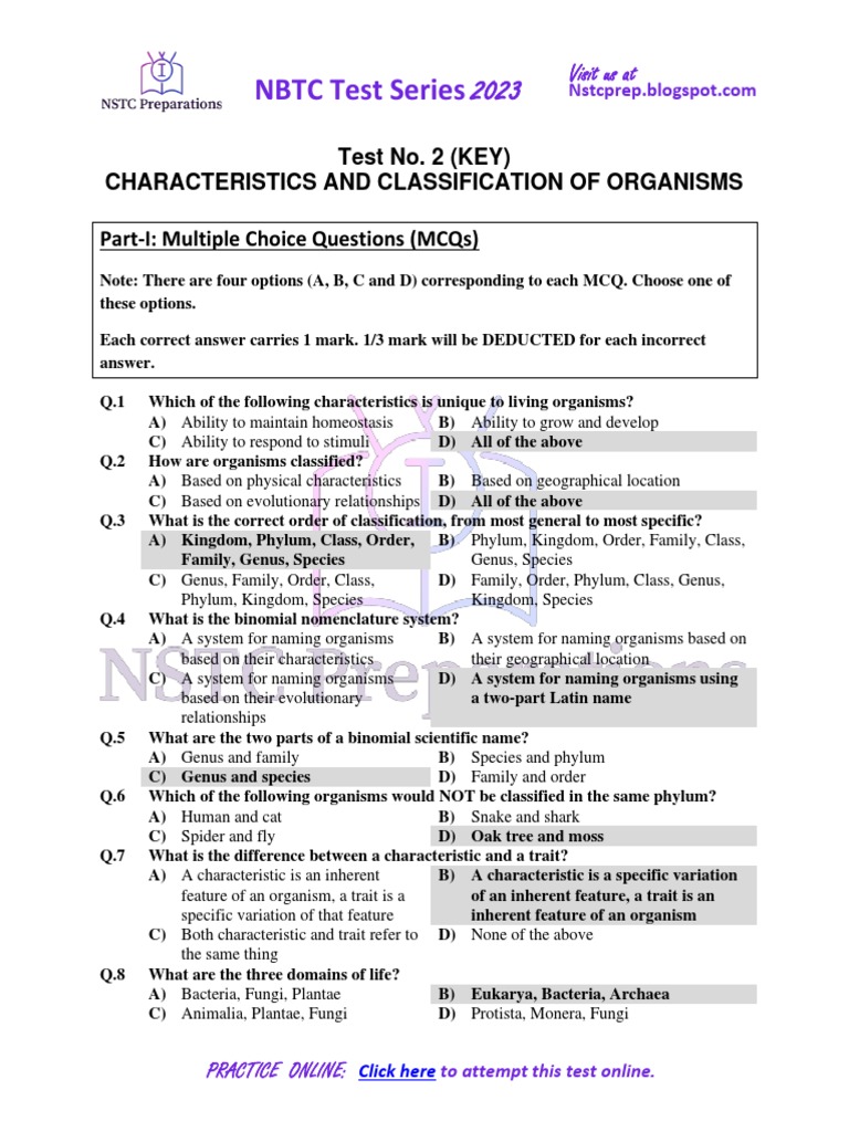 Test 2 Characteristics And Classification Of Organisms Key Pdf