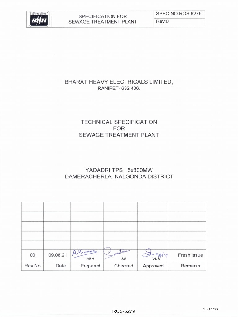 Tech Spec For STP Bhel | PDF | Specification (Technical Standard) | Pump