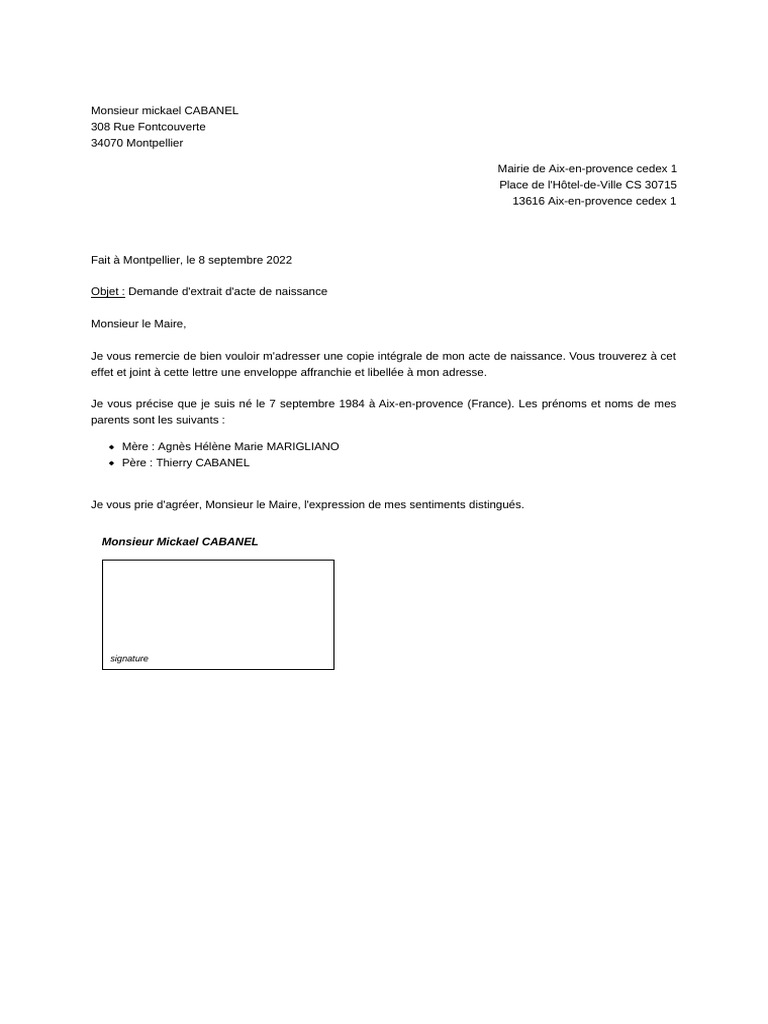 Demande d'extrait d'acte de naissance | PDF