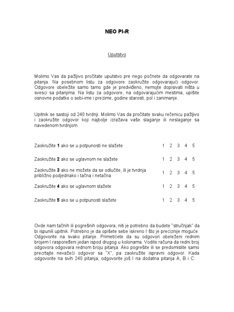 NEO PI R - Upitnik | PDF