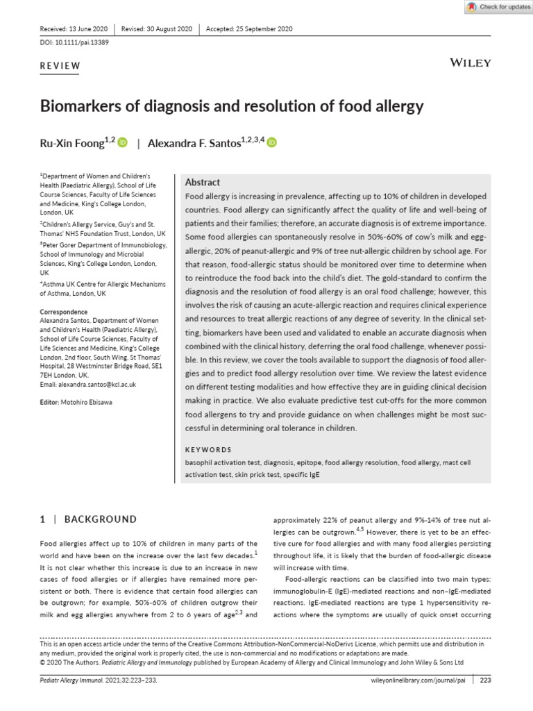 Pediatric Allergy Immunology - 2020 - Foong - Biomarkers of Diagnosis ...
