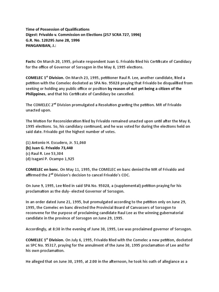 Nd 2 frivaldo v comelec g r no 120295 june 28 1996 pdf